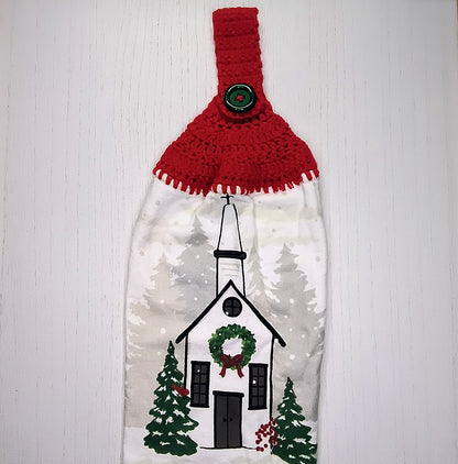 Crochet Top Christmas Church & Pine Tree Hanging Kitchen Towel