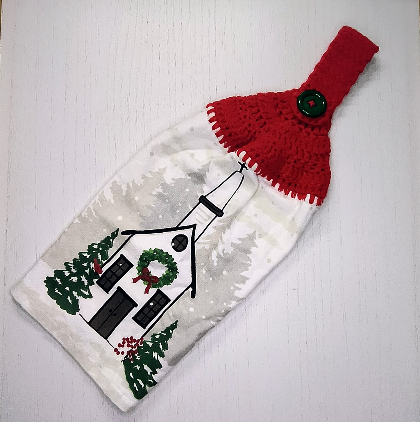 Crochet Top Christmas Church & Pine Tree Hanging Kitchen Towel