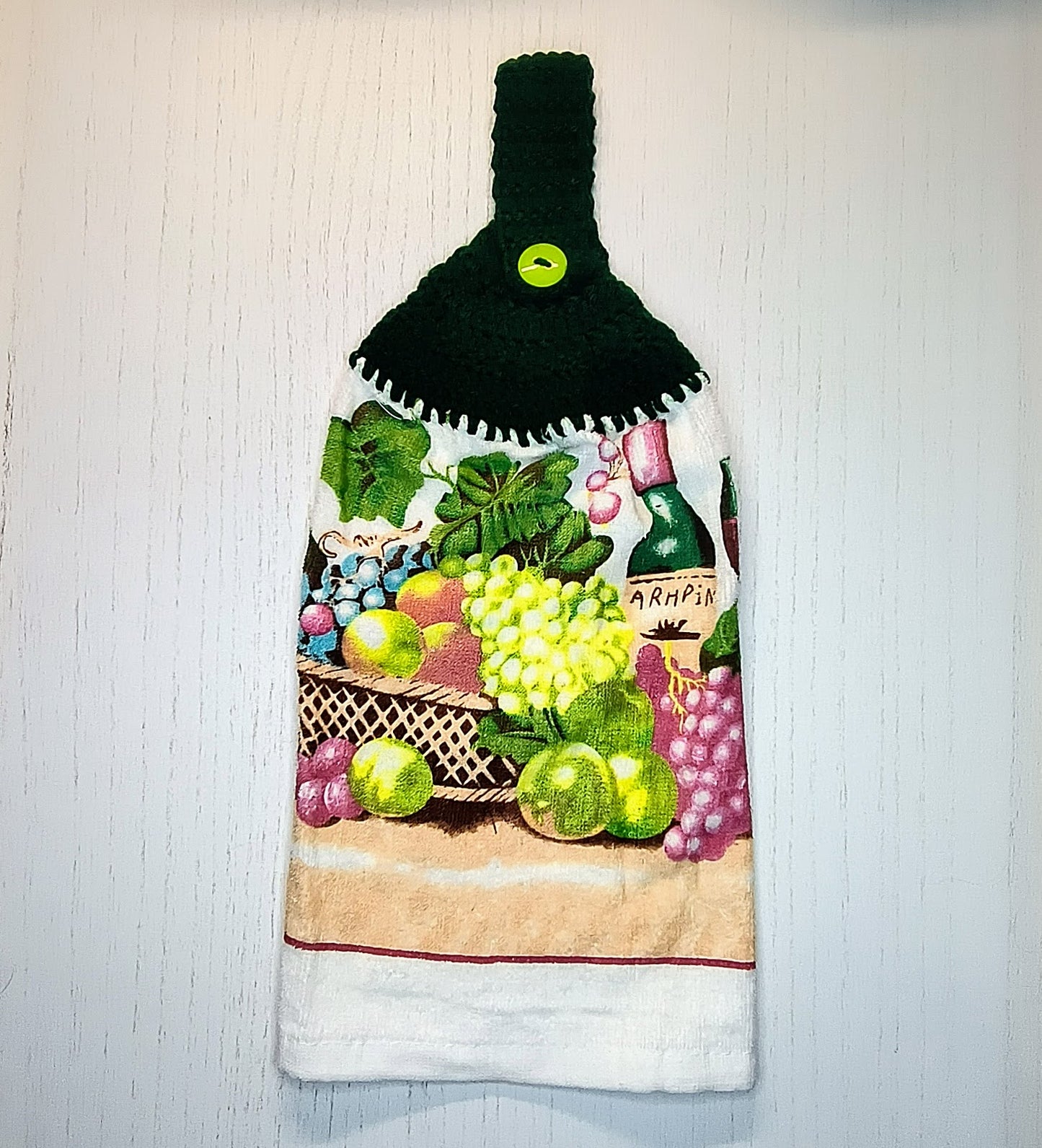 Crochet Top Wine Bottle & Grapes Hanging Kitchen Towel