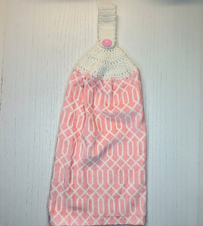 Crochet Top Pink & White Geometric Hanging Kitchen Towel