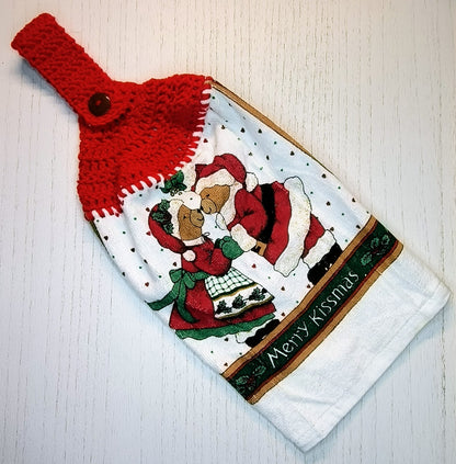 Crochet Top Festive "Merry Kissmas" Mr. & Mrs. Claus Bear Hanging Dish Towel