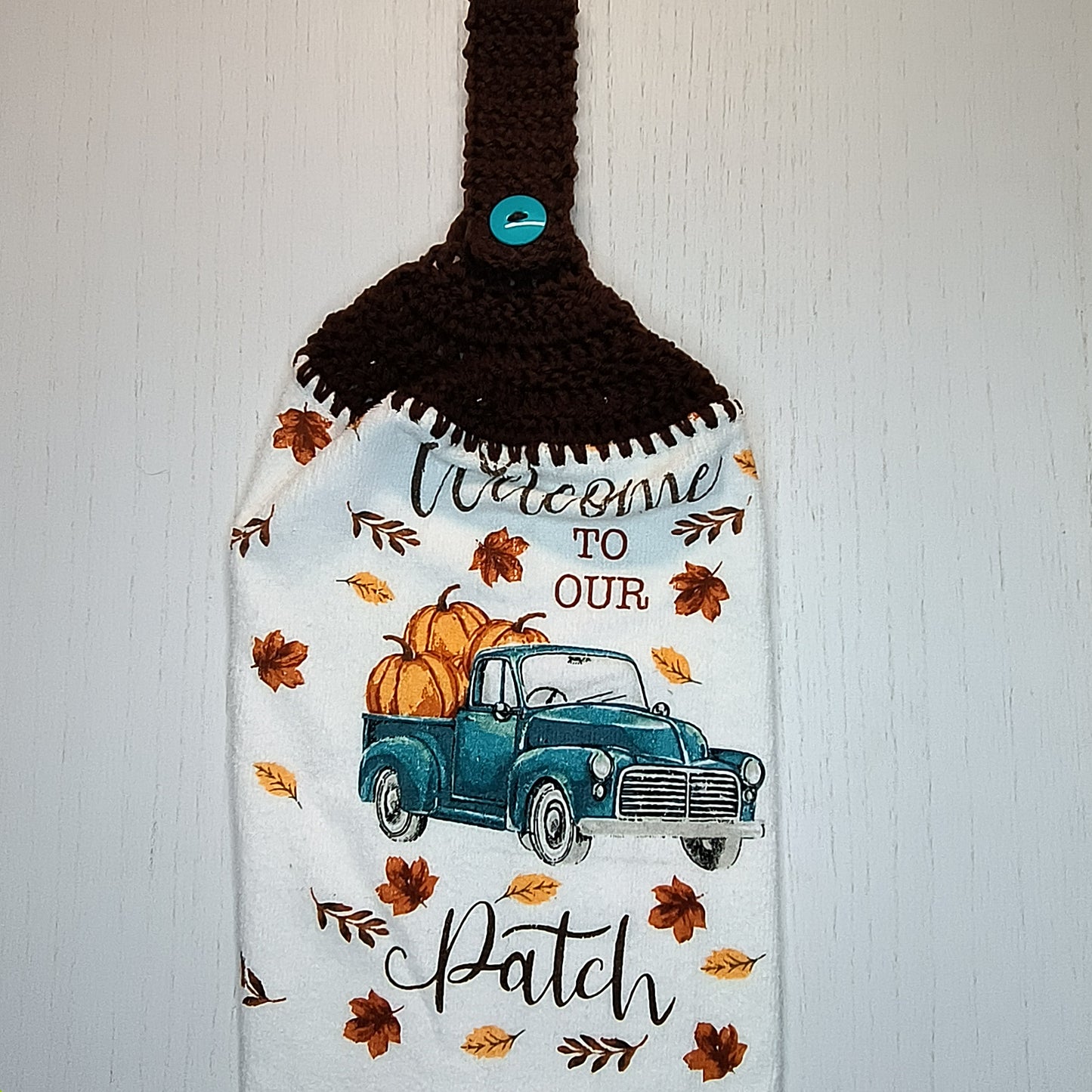 Crochet Top Welcome to Our Patch Blue Truck & Pumpkins Hanging Dish Towel