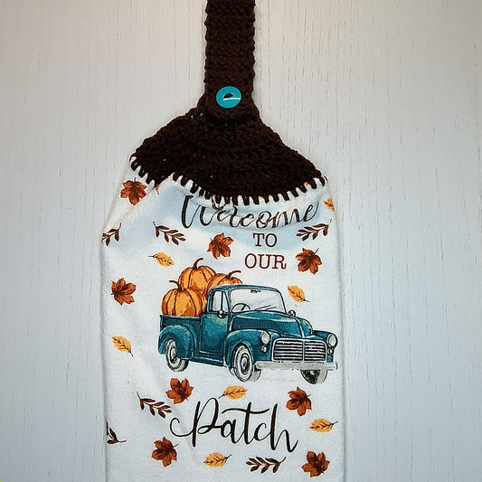 Crochet Top Welcome to Our Patch Blue Truck & Pumpkins Hanging Dish Towel