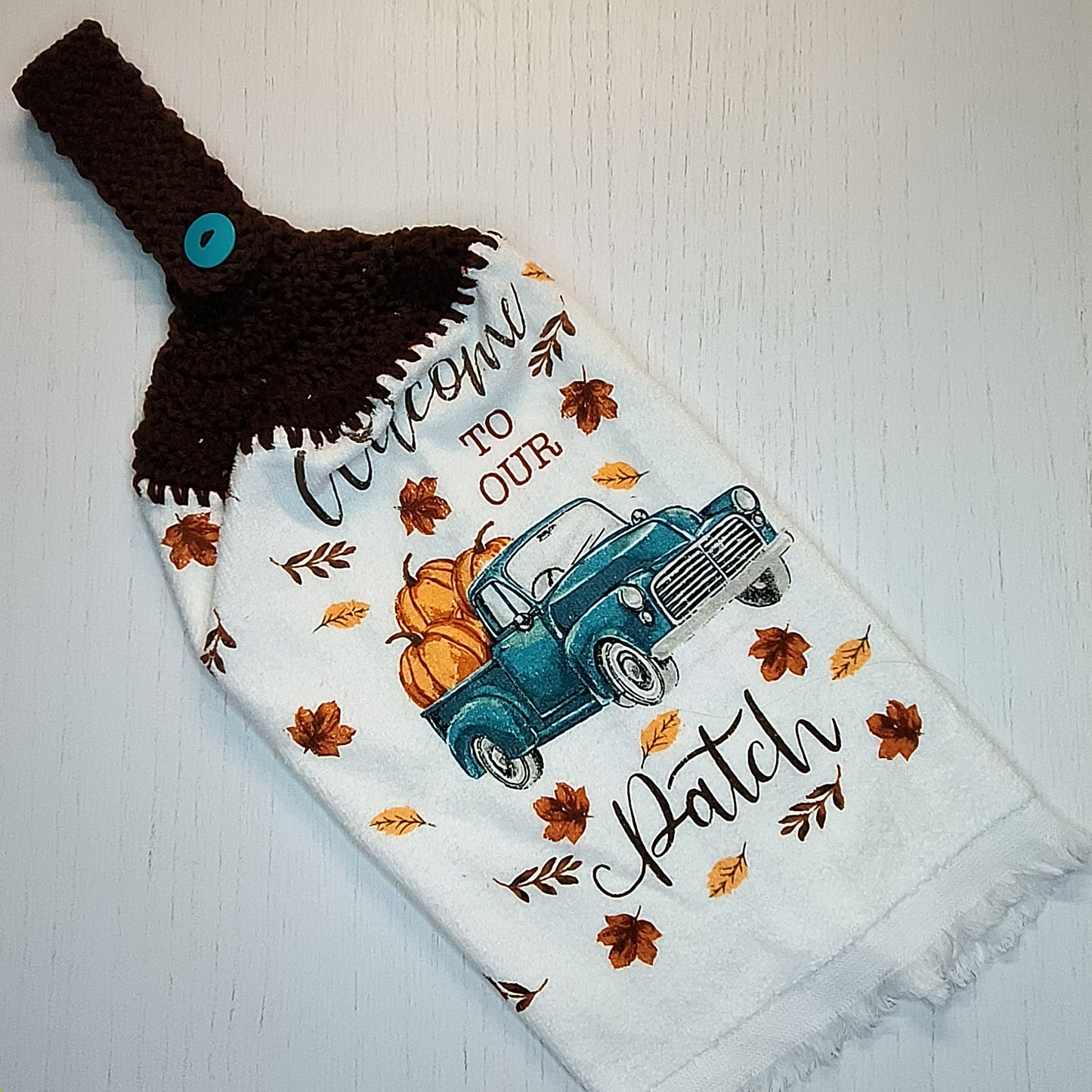 Crochet Top Welcome to Our Patch Blue Truck & Pumpkins Hanging Dish Towel