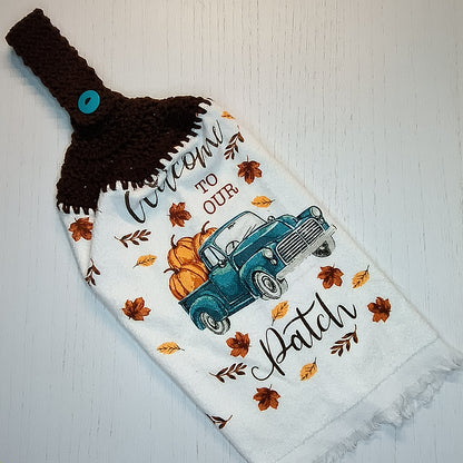 Crochet Top Welcome to Our Patch Blue Truck & Pumpkins Hanging Dish Towel
