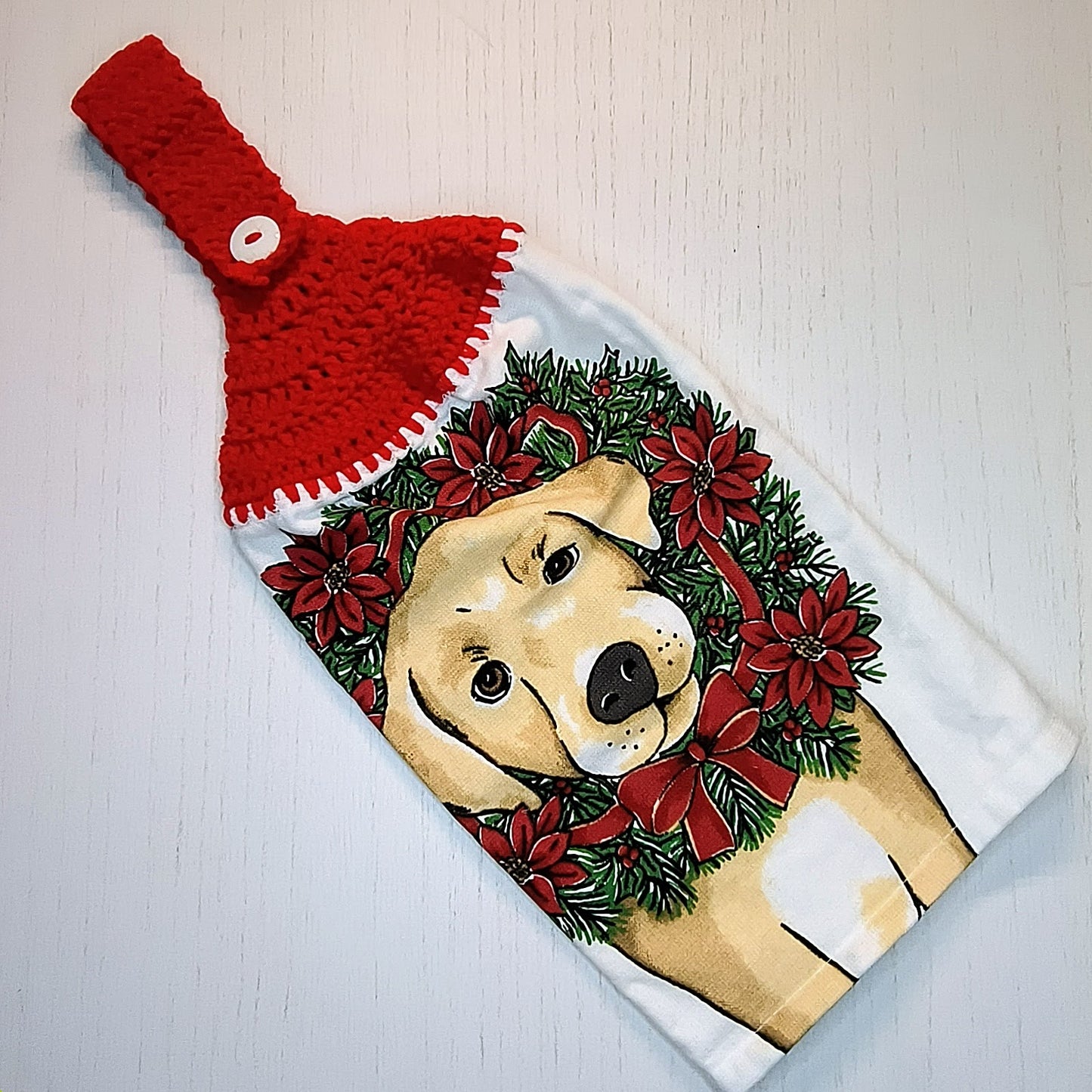 Crochet Top Golden Retriever Christmas Wreath Hanging Dish Towel