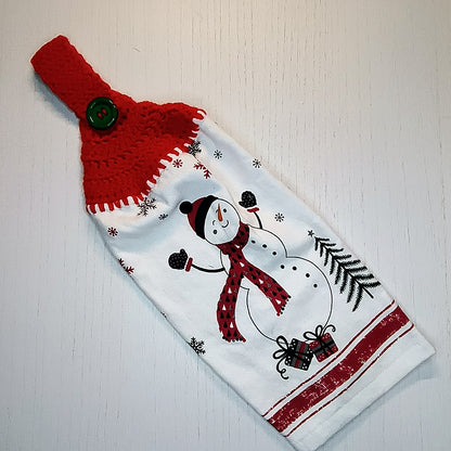 Crochet Top Festive Snowman & Presents Hanging Dish Towel