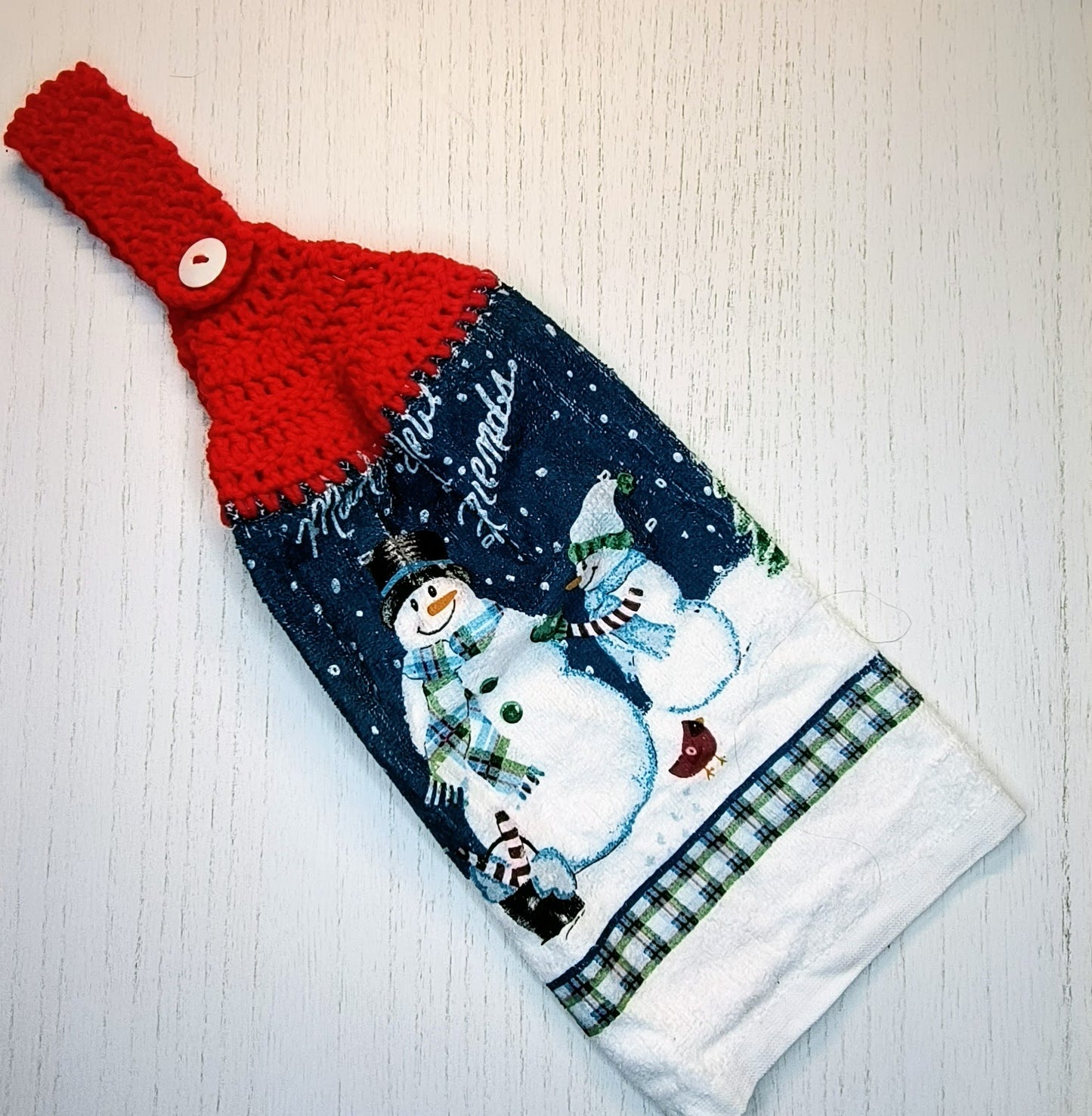 Crochet Top Snowman "Make New Friends" Hanging Dish Towel