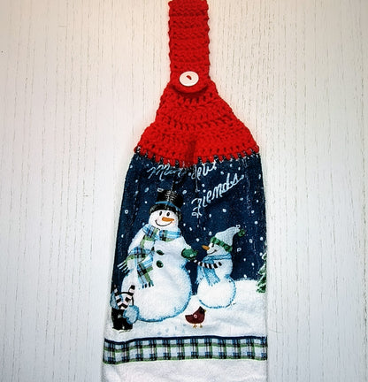 Crochet Top Snowman "Make New Friends" Hanging Dish Towel