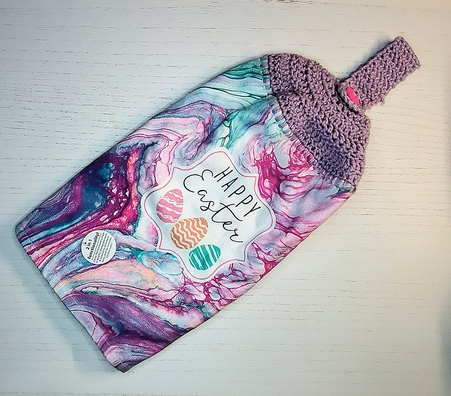 Crochet Top Pastel Marbled Happy Easter Hanging Hand Towel