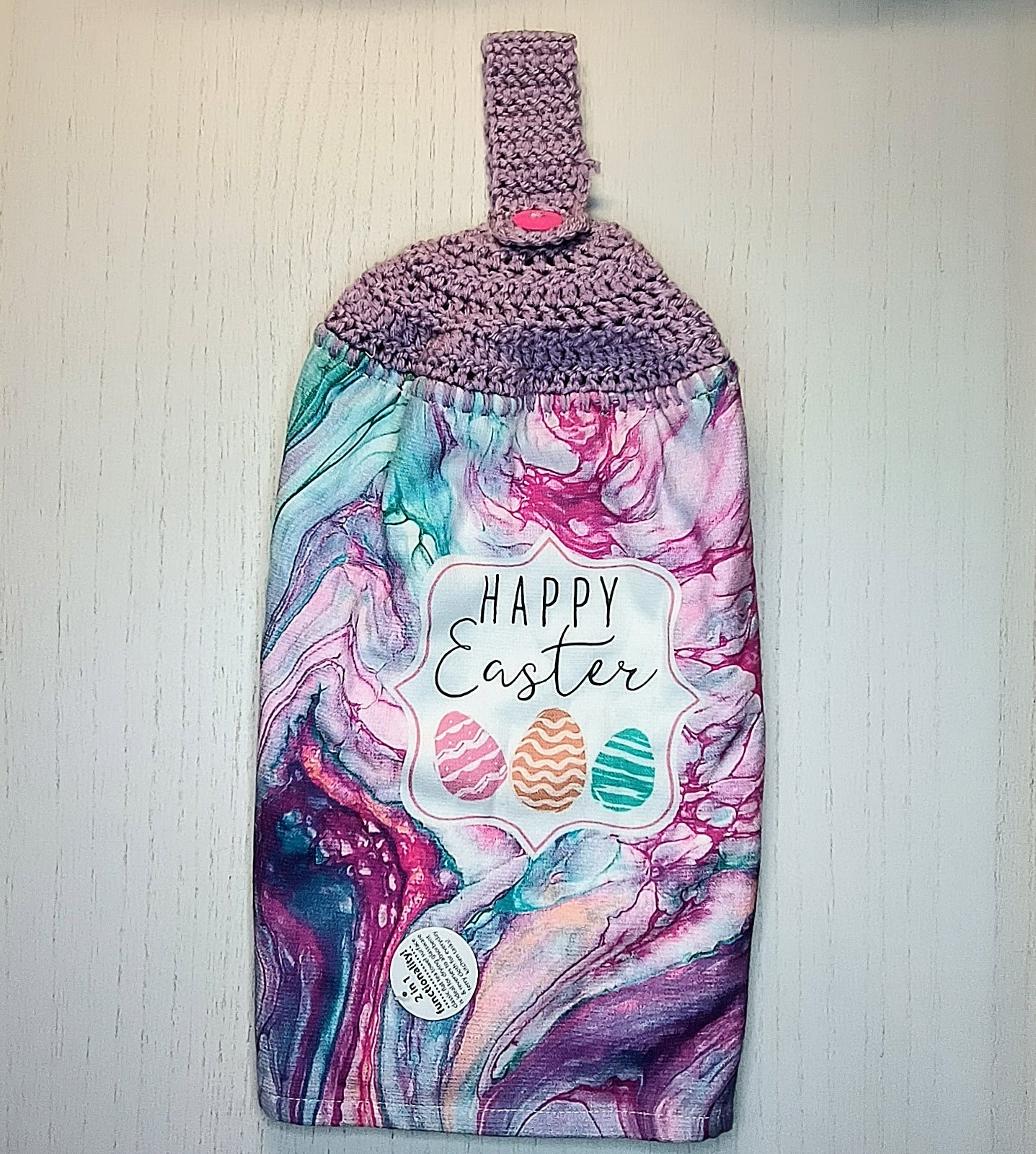 Crochet Top Pastel Marbled Happy Easter Hanging Hand Towel