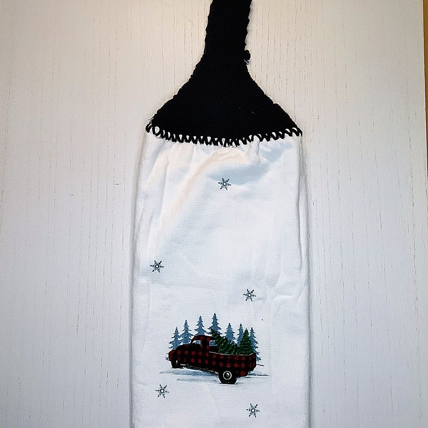 Crochet Top Happiest Holidays Red Truck Hanging Dish Towel
