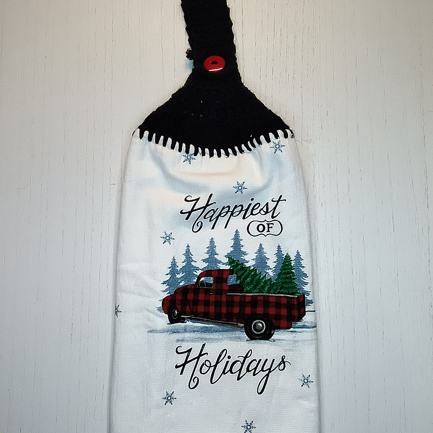 Crochet Top Happiest Holidays Red Truck Hanging Dish Towel