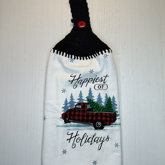 Crochet Top Happiest Holidays Red Truck Hanging Dish Towel