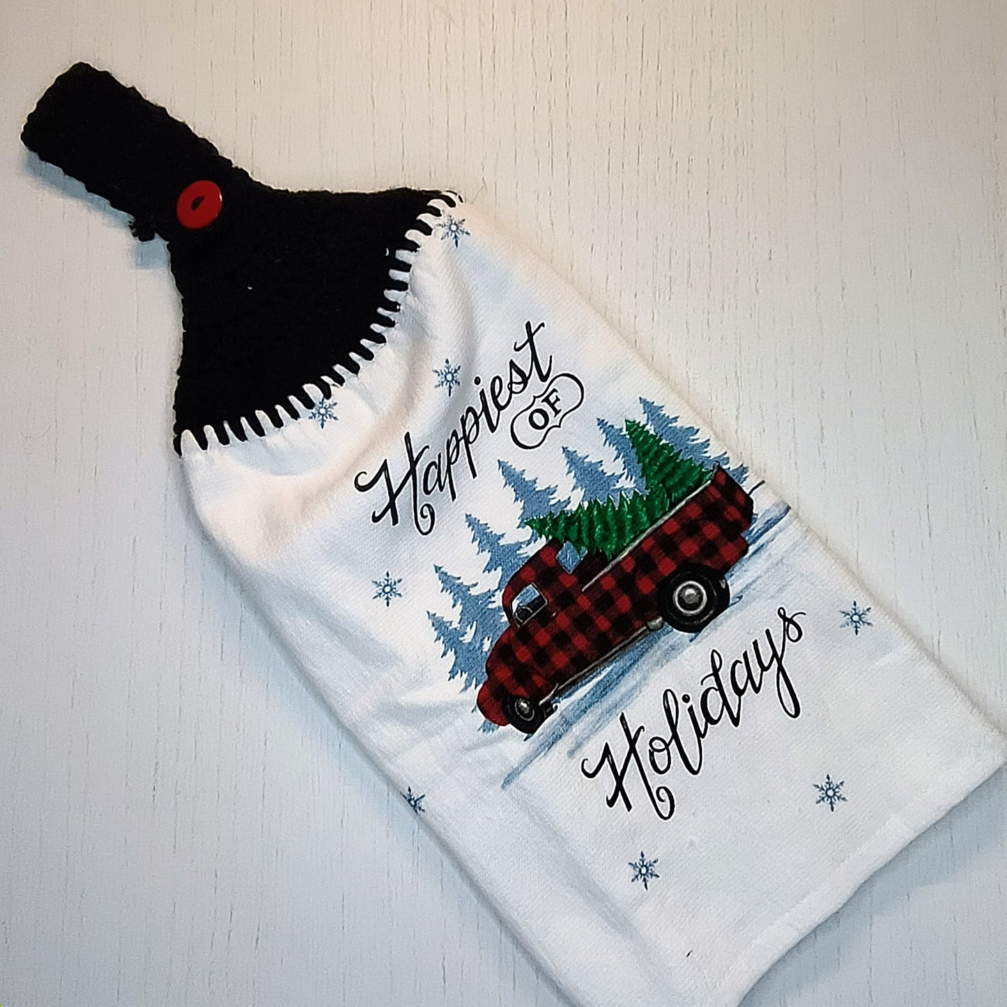 Crochet Top Happiest Holidays Red Truck Hanging Dish Towel
