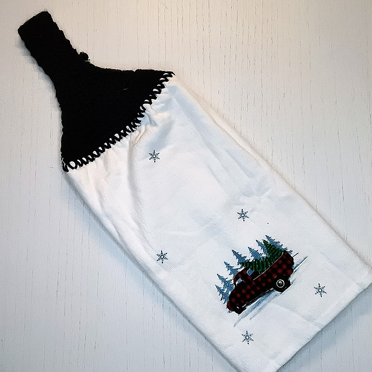 Crochet Top Happiest Holidays Red Truck Hanging Dish Towel