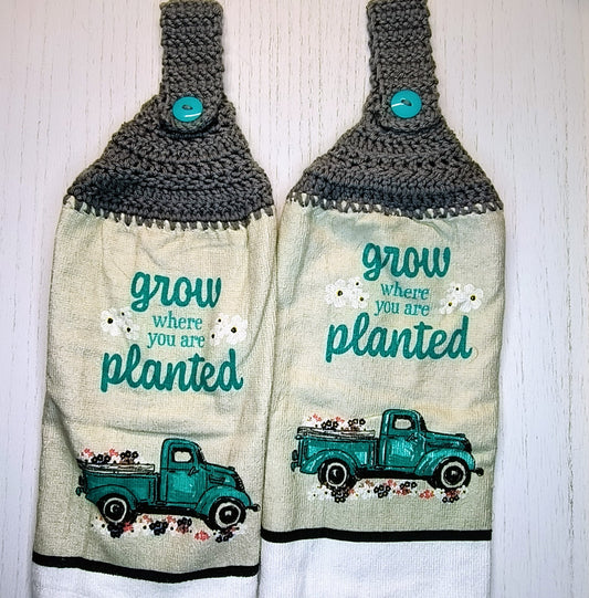 Crochet Top Grow Where You're Planted Teal Truck Hanging Dish Towel with Matching Potholders & Oven Mitt