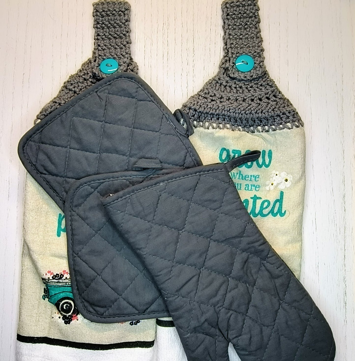 Crochet Top Grow Where You're Planted Teal Truck Hanging Dish Towel with Matching Potholders & Oven Mitt