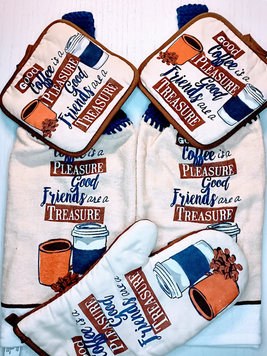 Good Coffee, Good Friends Crochet Top Hanging Dish Towel Set Includes 2 Pot Holders & Oven Mitt - Kitchen Decor and Gift Idea