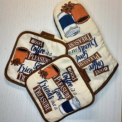 Good Coffee, Good Friends Crochet Top Hanging Dish Towel Set Includes 2 Pot Holders & Oven Mitt - Kitchen Decor and Gift Idea