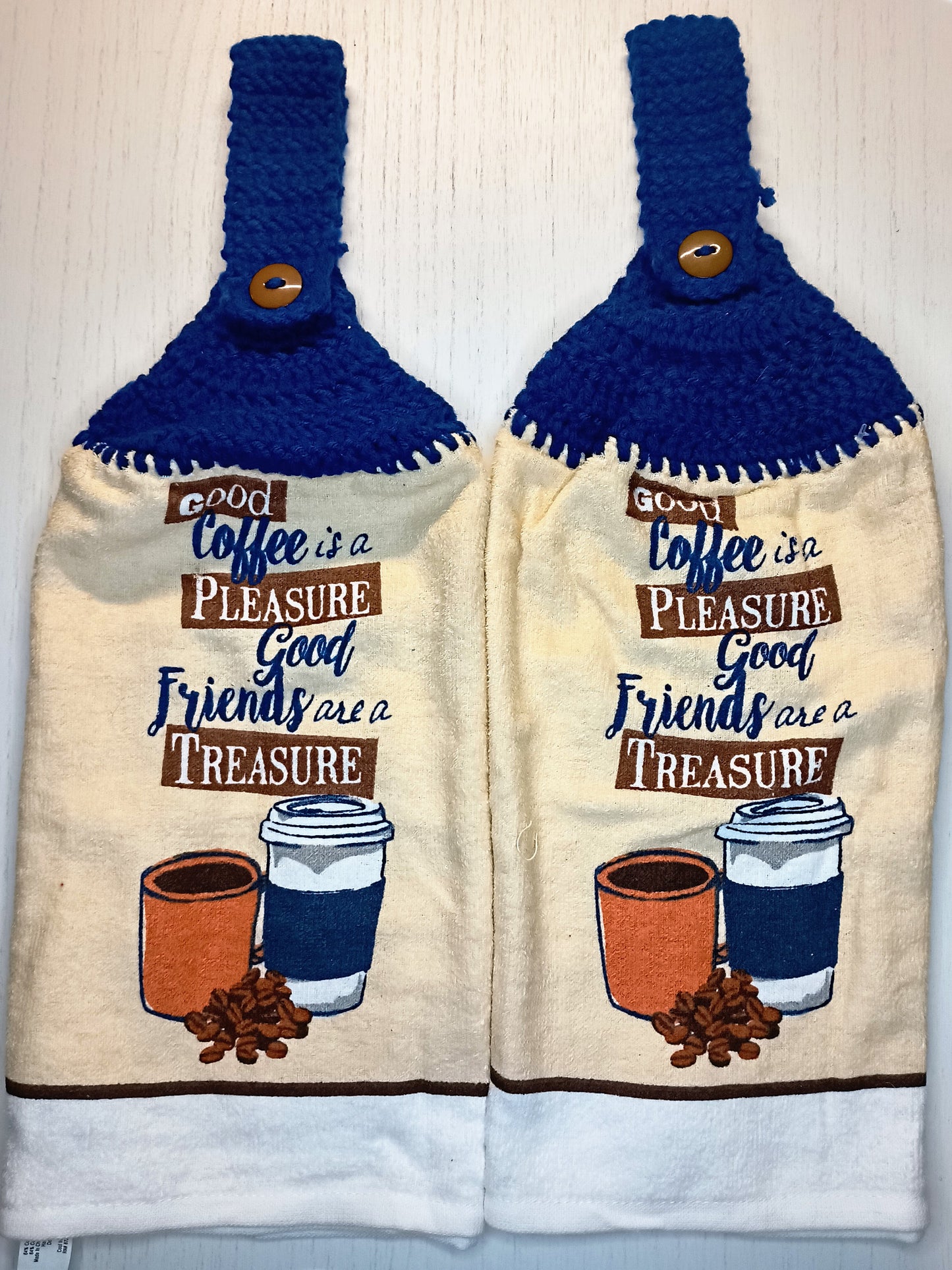 Good Coffee, Good Friends Crochet Top Hanging Dish Towel Set Includes 2 Pot Holders & Oven Mitt - Kitchen Decor and Gift Idea