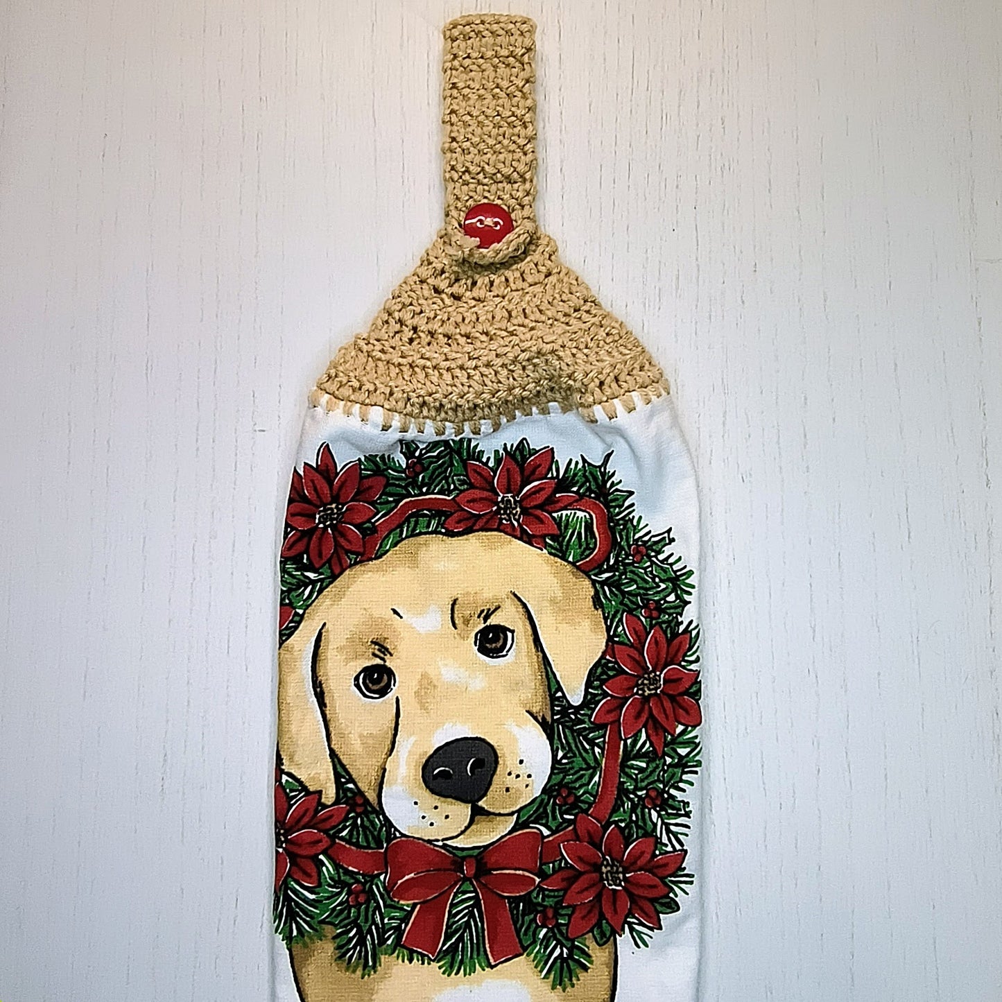 Crochet Top Golden Retriever Christmas Wreath Hanging Dish Towel