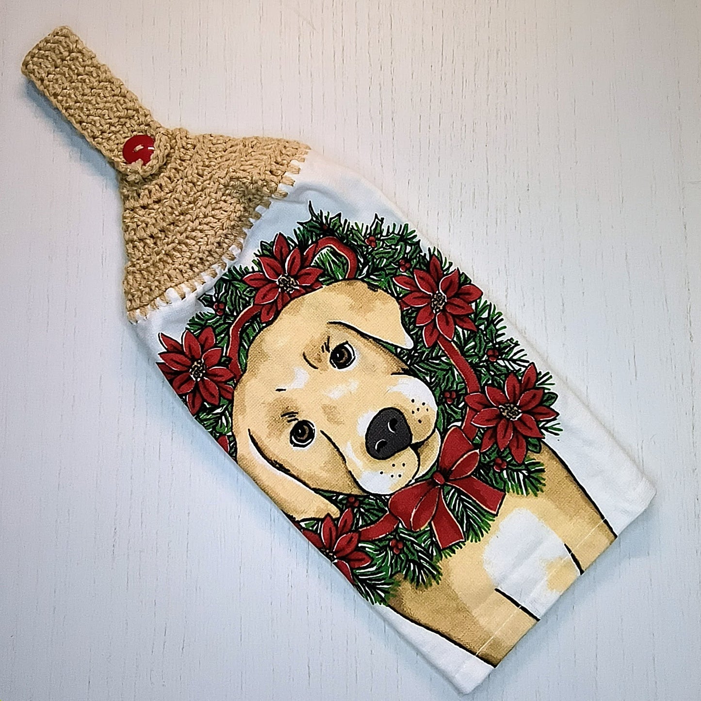 Crochet Top Golden Retriever Christmas Wreath Hanging Dish Towel